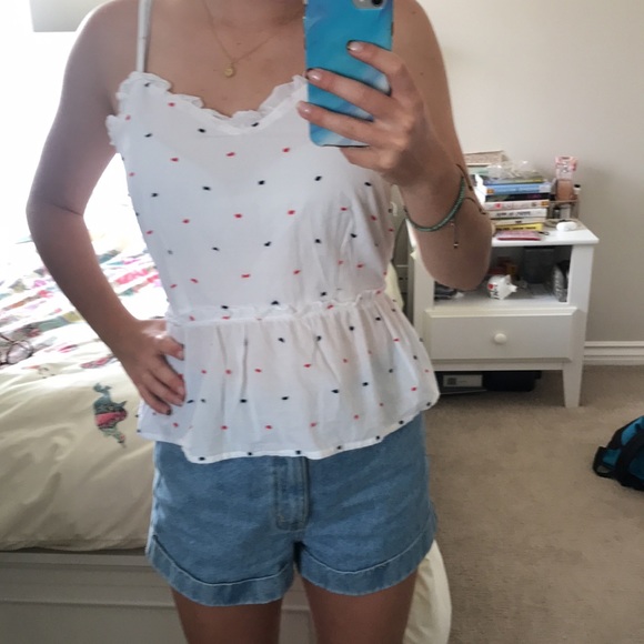 White tank top blouse with embroidered blue and red polka dots. - Picture 3 of 3
